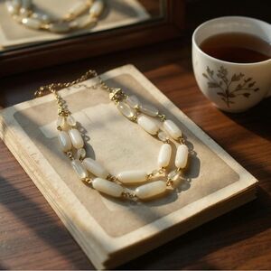 Vintage 1950s Western Germany Triple Strand White Beaded Necklace | Mid-century